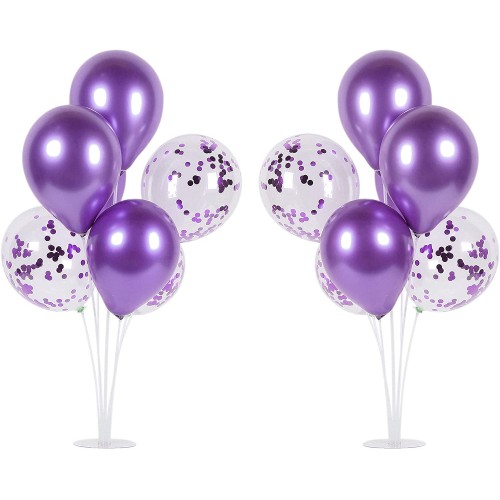 Purple Balloons Stand Kit Table Decorations,2 Set with 14 Sticks,14 Cups,2 Base,12 Purple Metallic Balloons 6 Purple Confetti Balloons for,Baby Shower,Graduation,Anniversary Table Party Decorations