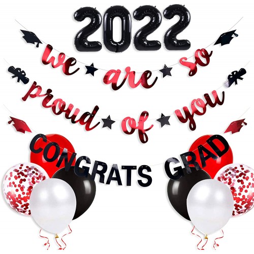 Red Black 2022 Graduation Party Decorations We are So Proud of You Congrats Grad Graduation Banner 2022 Foil Balloons Graduation Cap Diploma Star Garland for Congratulations Grad Party Supplies