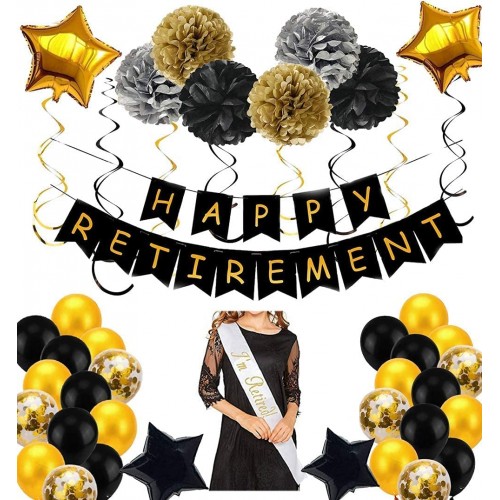 Retirement Party Decoration for Men Women- Black Gold Happy Retirement Banner Retired Sash,Tissue Pom Poms Hanging Swirls,Latex Balloons Foil Star Balloons