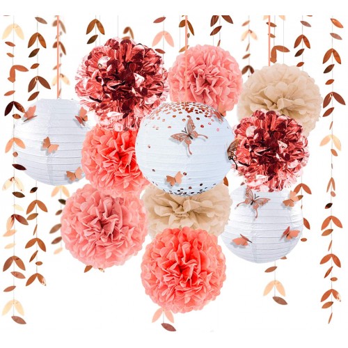 Rose Gold Party Decoration Blush Pink Tissue Flowers Pom Pom Paper Lantern with Leaf Garland 3D Butterfly for Wedding Engagement Birthday Baby Bridal Shower Bachelorette Tea Party Decorations Supplies