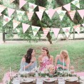 Spring Tea Party Decorations Pink and Gold Floral Flower Butterfly Teapot Teacup Plaid Paper Triangle Flag Pennant Banner Bunting for Spring Birthday Wedding Bridal Baby Shower Engagement Tea Party