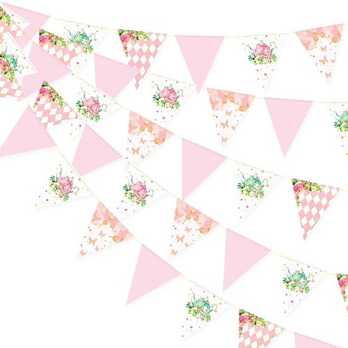 Spring Tea Party Decorations Pink and Gold Floral Flower Butterfly Teapot Teacup Plaid Paper Triangle Flag Pennant Banner Bunting for Spring Birthday Wedding Bridal Baby Shower Engagement Tea Party