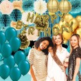 Teal Gold Birthday Decorations for Women Gold Happy Birthday Balloons Polka Dot Fans Teal Gold Ballons for Teal Gold Birthday Party Decoration Women's 30th 40th 50th Birthday Party Decorations