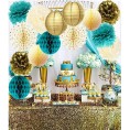 Teal Gold Birthday Party Decorations Women Gold Polka Dot Paper Fans for Teal Gold Wedding Engagement Party Bridal Shower Decorations Bachelorette Party Decorations Turquoise Party Decorations