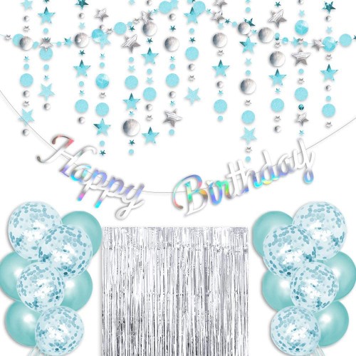 Turquoise Birthday Party Decoration Sliver Happy Birthday Banner Turquoise Glitter Circle Dot Garland Streamer Sliver Fringe Curtain Blue and Turquoise Balloons Blue Birthday Party Decorations for Women and Men Birthday Party