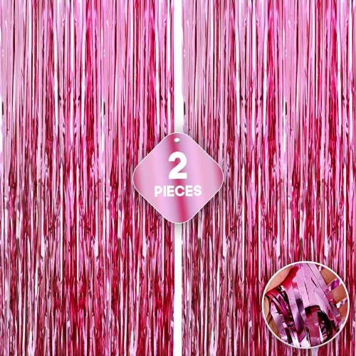 XtraLarge Pink Fringe Backdrop for Pink Party Decorations 6.4x8 Feet Pack of 2 | Pink Foil Fringe Curtain for Pink Streamers Party Decorations | Hot Pink Tinsel Backdrop for Birthday Bachelorette