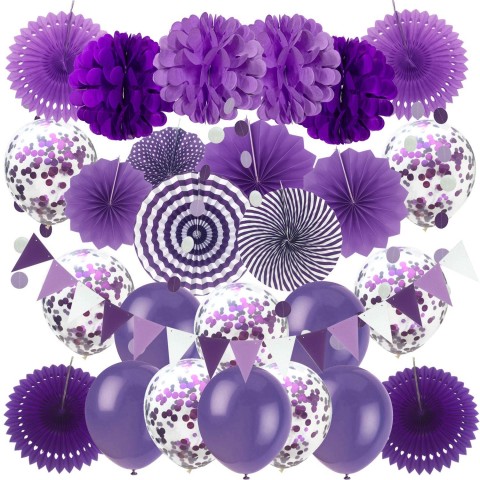 ZERODECO Party Decorations Purple Confetti Balloons Decorative Folding Fans Paper Pompoms Triangle Bunting Flags Garlands for graduation Wedding Birthday Baby Shower Mermaid Party Decorations